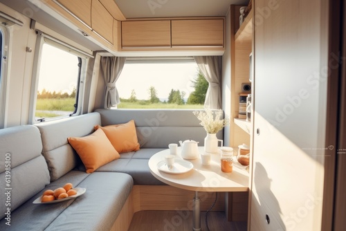 A close - up shot of a modern caravan interior, showcasing the well - appointed living space and functional amenities. Generative AI