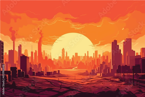 cartoon vector illustration of Searing urban horizon, Cityscape engulfed in red-hot atmospheric heat