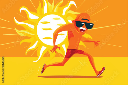 cartoon vector illustration of Sun-stricken plight, Unhealthy man grapples with heat, seeking respite
