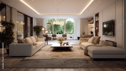 A stunning Digital Illustration of a luxury home interior, featuring elegant furnishings, stylish decor, and abundant natural light AI Generative