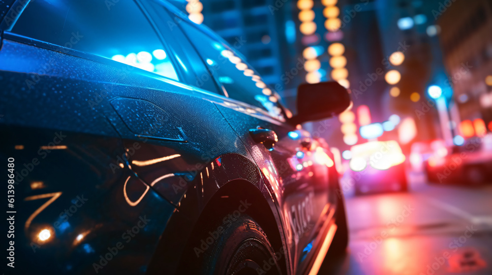 closeup of a police car lights switched on at a chase in the night at the city closeup of a police car lights switched on at a chase in the night at the city