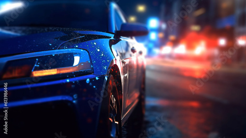closeup of a police car lights switched on at a chase in the night at the city