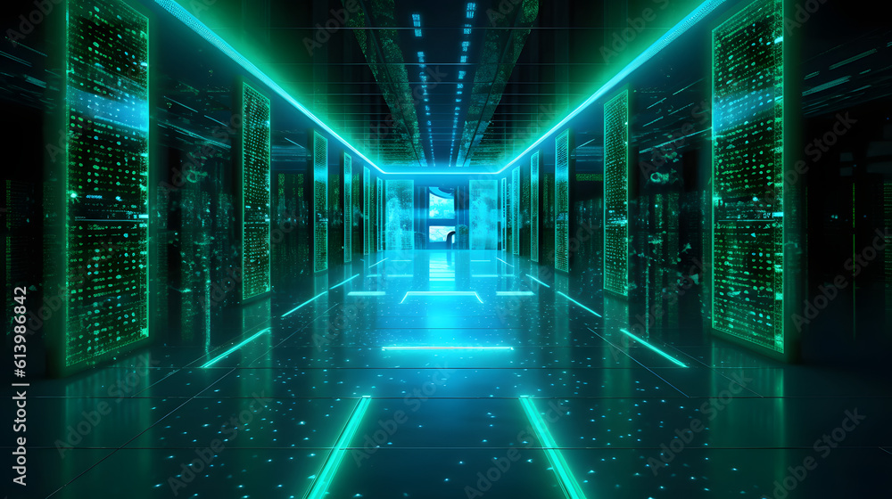 Long futuristic corridor lined with computer servers. Green lights reflected on shiny floor. Data center or space ship concept. Generative AI