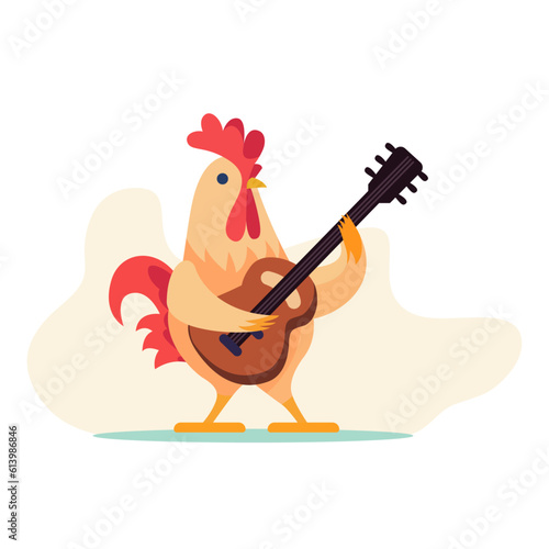 rooster playing acoustic guitar vector illustration, Rooster, cock with a Guitar stock flat style vector image