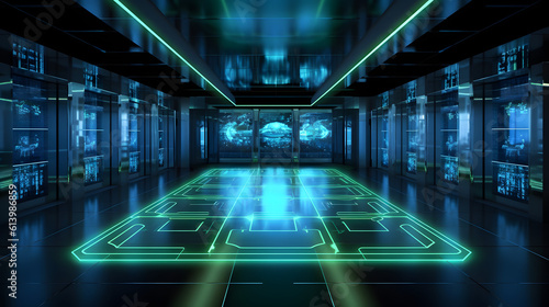 Green glowing lights on floor of room filled with servers and computers. Futuristic space travel, technology concept. Wall sized monitors in front of room show planet split into three. Generative AI