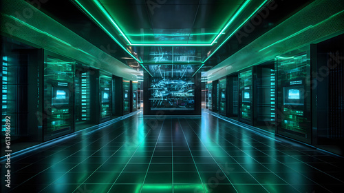 High tech conceptual data center or space ship setting. Green LEDs light walls and ceiling in room filled with servers and computers with large screen monitor in center. Generative AI