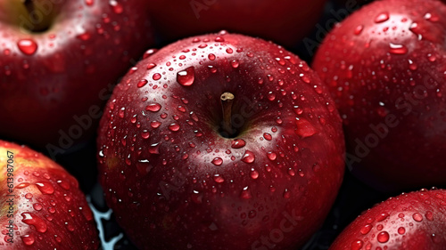 Red apples, water drops, super intricate details, Macro shot.