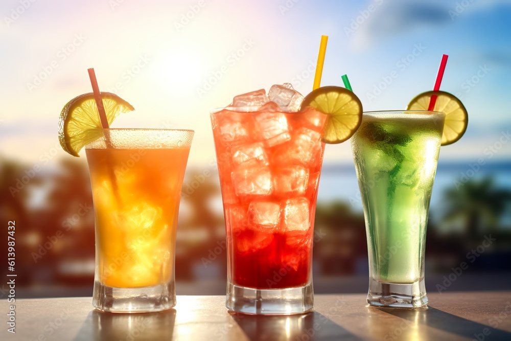 set of sunny summer colourful cocktails with ice and lemon at sunset, generative AI set of sunny summer colourful cocktails with ice and lemon at sunset, generative AI