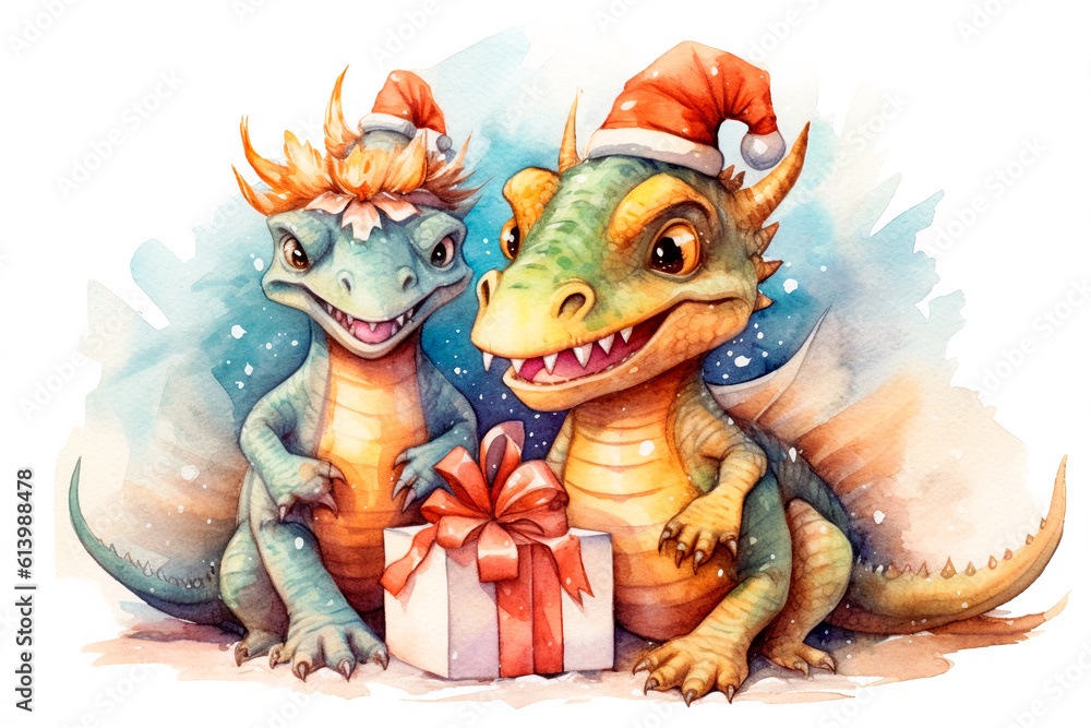 Naklejka premium the dragon family celebrates the New Year 2024, Cute little smiling dragon in a christmas hat ang gift boxes, new year 2024 symbol. watercolor Isolated on white background, christmas cartoon illustrat