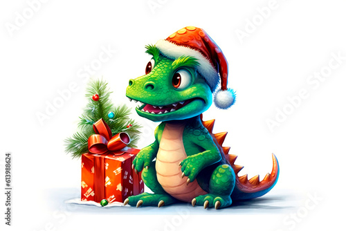 Cute little smiling dragon in a christmas hat ang gift boxes, new year 2024 symbol. watercolor Isolated on white background, christmas cartoon illustration © KEA