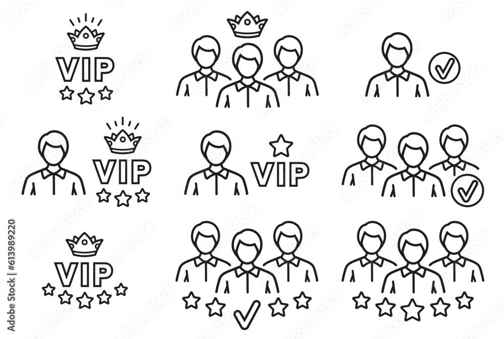 Membership, premium VIP club member, join internet community, important customer, client loyalty, new web user, team work, friend social contact line icon set. Group people. Best luxury service vector Membership, premium VIP club member, join internet community, important customer, client loyalty, new web user, team work, friend social contact line icon set. Group people. Best luxury service vector