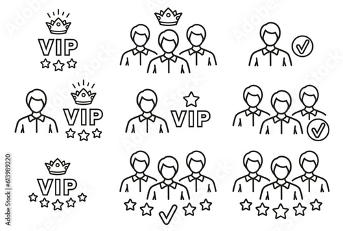Membership, premium VIP club member, join internet community, important customer, client loyalty, new web user, team work, friend social contact line icon set. Group people. Best luxury service vector