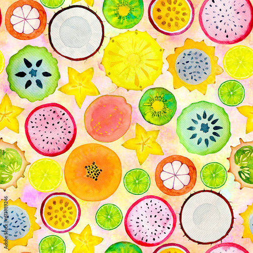 Seamless pattern with exotic tropical fruits