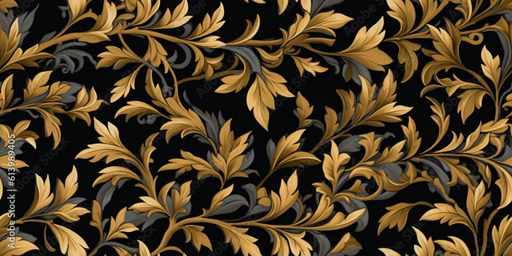 seamless pattern floral brocade texture illustration of of golden and gray leaves and branches design on black background