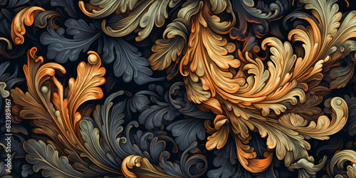 rich detailed brocade texture illustration with orange, and blue leaves 