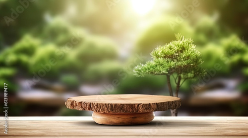 Serenity and Style: Showcasing Product Placement on an Empty Wood Table with a Blur Japanese Zen Garden. Ai Generative.
