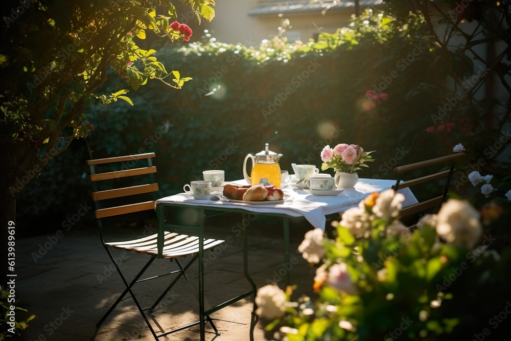 Sunday Morning Bliss: A Serene Breakfast Table on a Terrace, Amidst a Flowering Garden, Bathed in Sunlight and Dappled Shadows