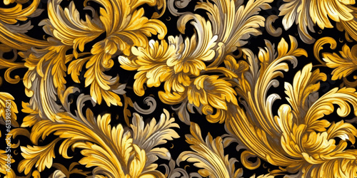 rich detailed brocade texture illustration with golden and gray leaves on black background