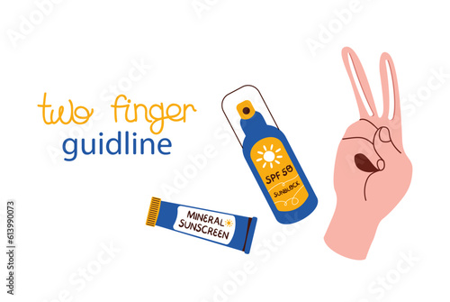 Two finger guideline for applying sunscreen to face. Hand with smears of sunblock lotion, SPF cream. Vector illustration isolated on white background