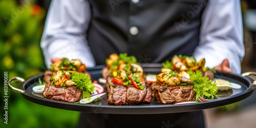 A waiter holds a barbecue in an outdoor party plate. waiter hold tray with grilled pork, Spicy hot grilled spare ribs from a summer BBQ, Waiter carrying plates with meat dish on some festive event 