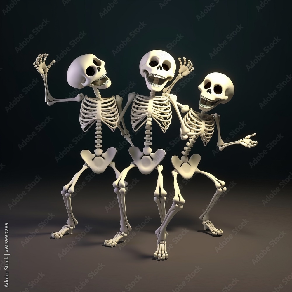 Three dancing white skeletons isolated on a black background Three dancing white skeletons isolated on a black background