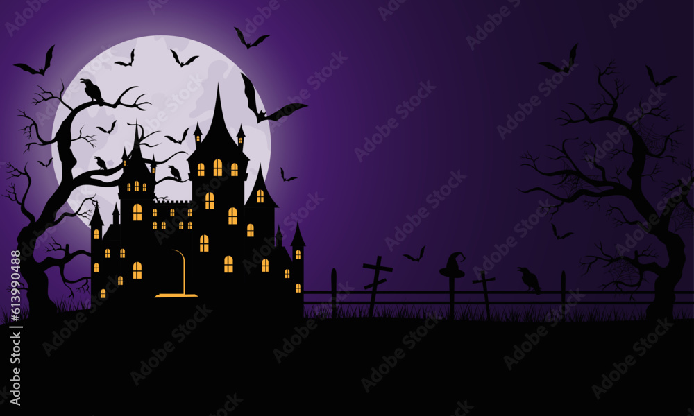 Spooky Halloween background with casttle.Bats on the background of the full moon.Halloween design.Vector illustration