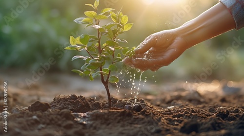 Fotografia hands holding water and watering young tree to growing up Generative AI