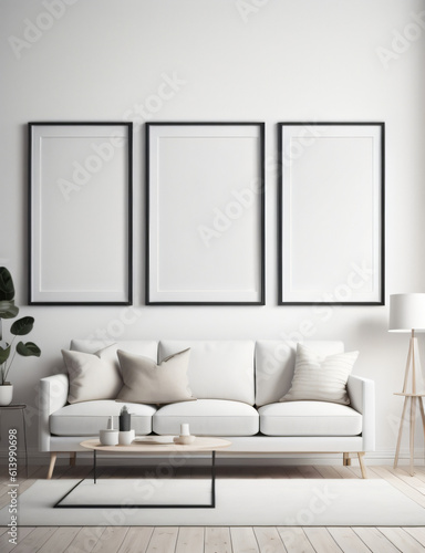 Blank picture frame mockup on white wall. Modern living room design. View of modern scandinavian style interior with sofa. Three square templates for artwork  painting  photo or poster