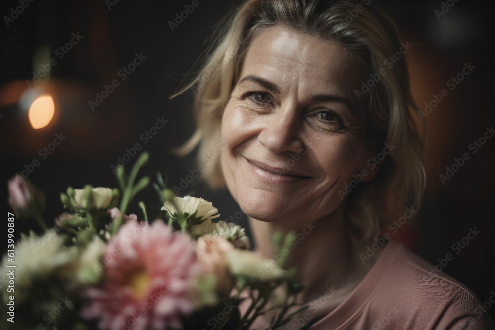 portrait of a person with flowers - mother receives flowers as a gift - mother's day - natural beauty - imaginary person - generative ai portrait of a person with flowers - mother receives flowers as a gift - mother's day - natural beauty - imaginary person - generative ai