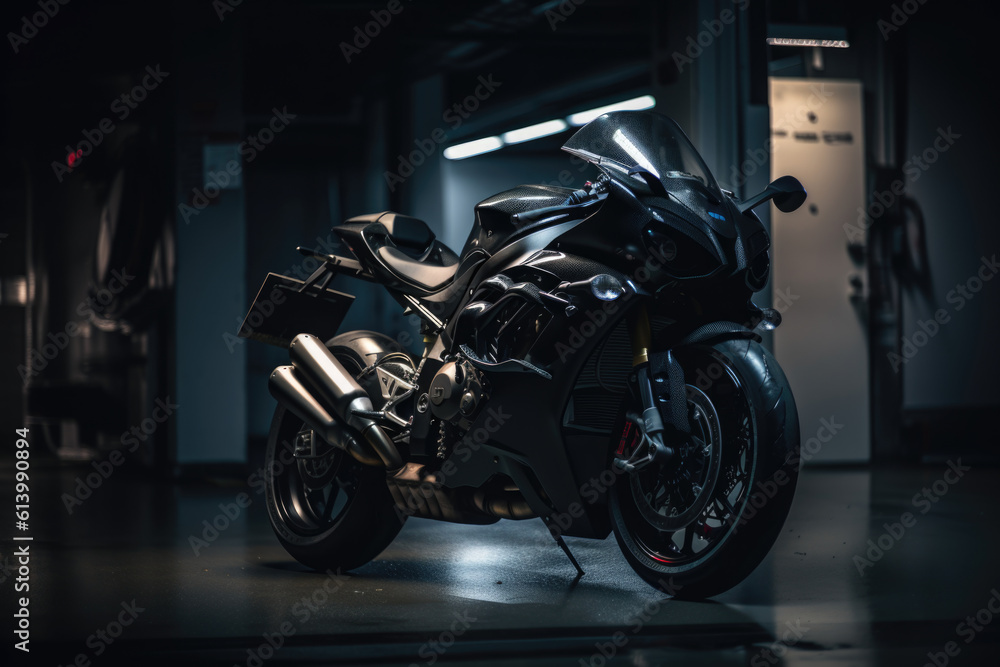 dark powerful motorcycle in garage