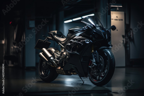 dark powerful motorcycle in garage