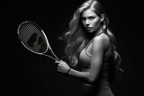 blonde woman with tennis racket on black background copy space generative ai