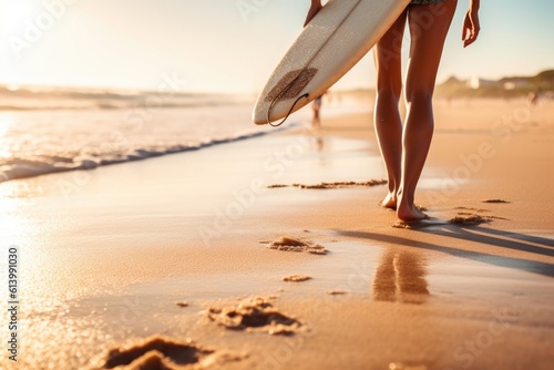 A photo featuring a woman surfer walking barefoot on the beach, carrying her surfboard. Generative AI