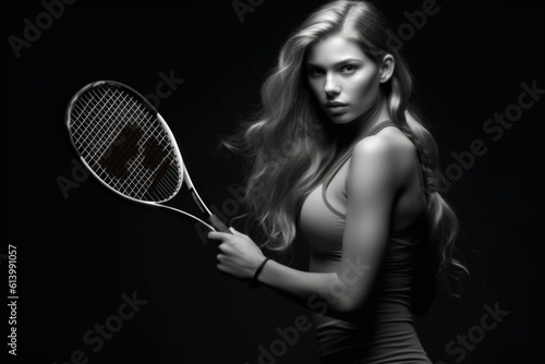 blonde woman with tennis racket on black background copy space generative ai