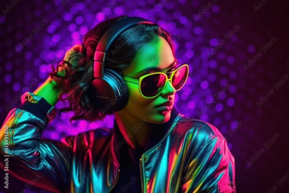dj  on black background  teenager wearing headphones listening  music in neon lights Generative ai.