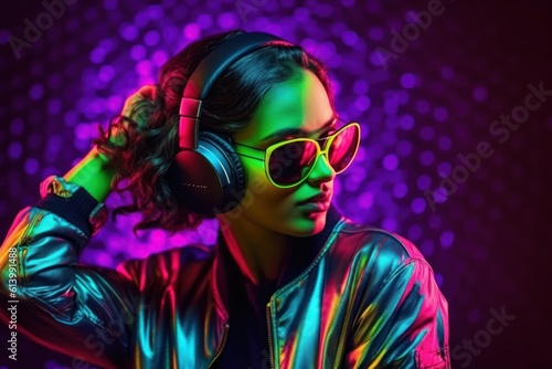 dj on black background teenager wearing headphones listening music in neon lights Generative ai.