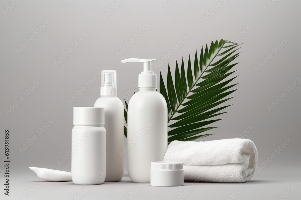 Set of cosmetic products with tropical leaf on grey background, spa concept. Generative AI Set of cosmetic products with tropical leaf on grey background, spa concept. Generative AI