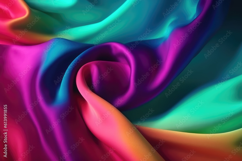Abstract background of colored silk fabric with waves and folds, close up. Generative AI