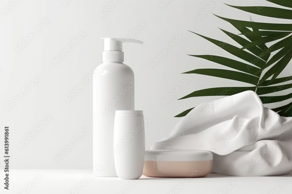 Cosmetic bottle containers mockup with green palm leaf on white background. Generative AI Cosmetic bottle containers mockup with green palm leaf on white background. Generative AI