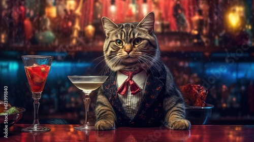 funny cat portrait  moody cat chill out at bar  Generative Ai