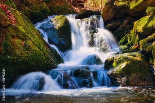 Fototapeta Naklejka Na Ścianę i Meble -  Wasserfall - Erzgebirge - Sachsen - Waterfall - Beautiful - Green - Cascade - Wallpaper - Background - Colorful - Lush - Rocks - Flowing - Water - Smooth - Scenic - Autumn - Woods	