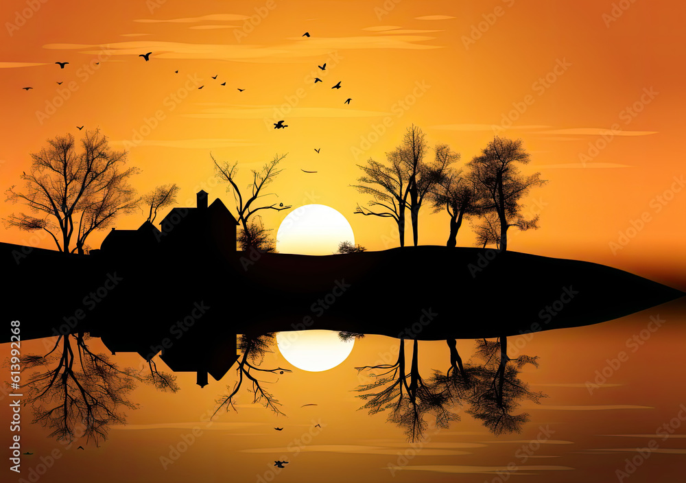 Obraz premium Beautiful Sunset Scenery abstract painting. Reflection in water Generative Ai