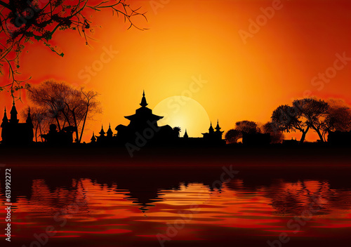 Beautiful Sunset Scenery abstract painting in oriental style. Reflection in water Generative Ai