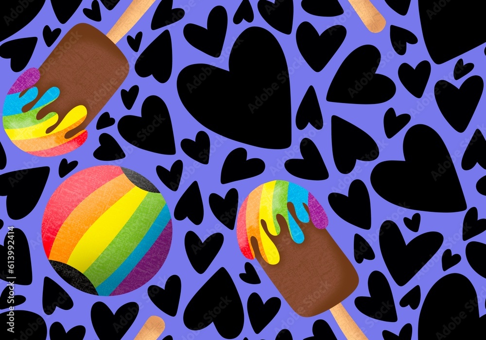 Fototapeta premium Cartoon summer rainbow seamless ice cream and hearts and ball pattern for wrapping paper and fabrics