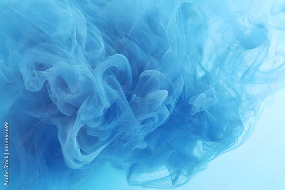 Fototapeta premium Creative background composition. Blue cloud of ink. Magic white abstract background. Blue watercolour paints mixed in water on background. Banner Mock up template.