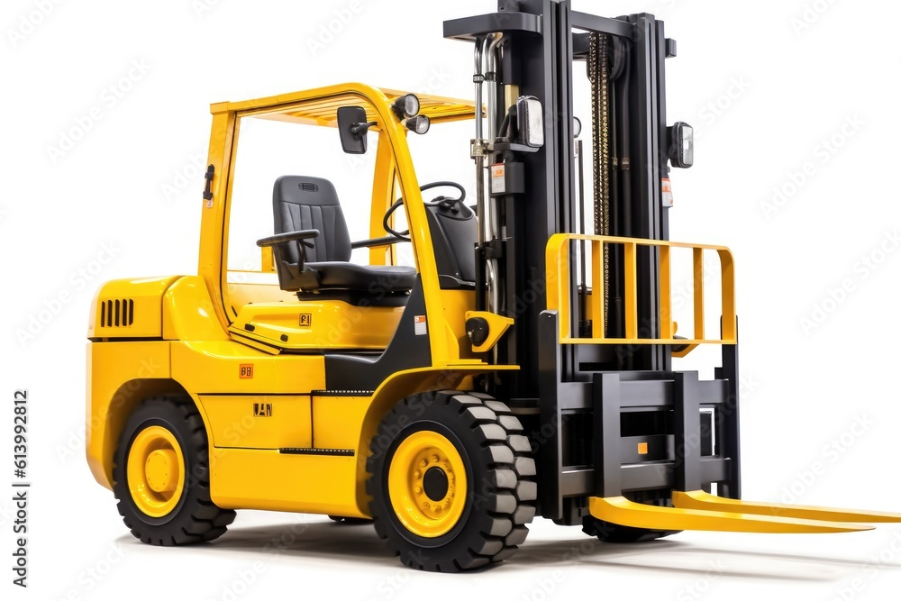 A close - up shot of a yellow forklift isolated on a white background. Generative AI A close - up shot of a yellow forklift isolated on a white background. Generative AI