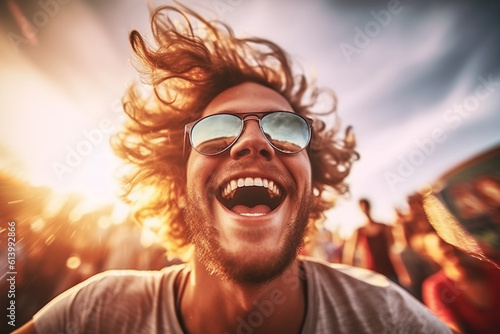 portrait of smiling joyful young man on summer party