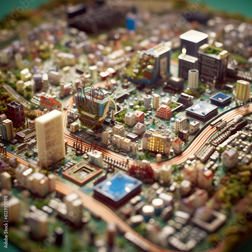 Electronic Cityscape: Miniature Metropolis on a Motherboard - generative ai © Uolir