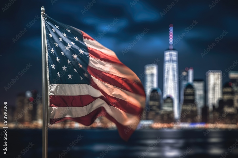 A close - up shot of an American flag gently waving in the foreground, with the iconic New York City skyline illuminated in the background. Generative AI