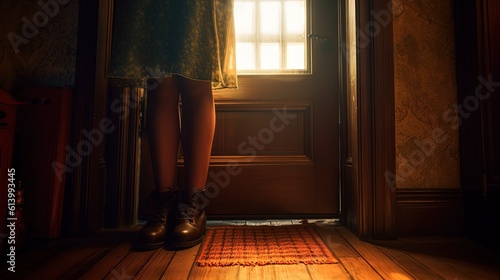 close up woman legs in front of opened wooden door to the room, idea for childhood memory about home, Generative Ai photo